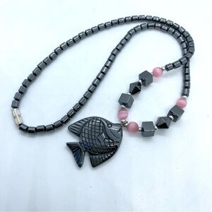 Hematite Carved Fish Pendant Necklace Pink Glass Accent Beads